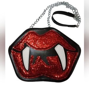 GOTH RED SEQUIN VAMPIRE TEETH FAUX LEATHER CROSSBODY PURSE